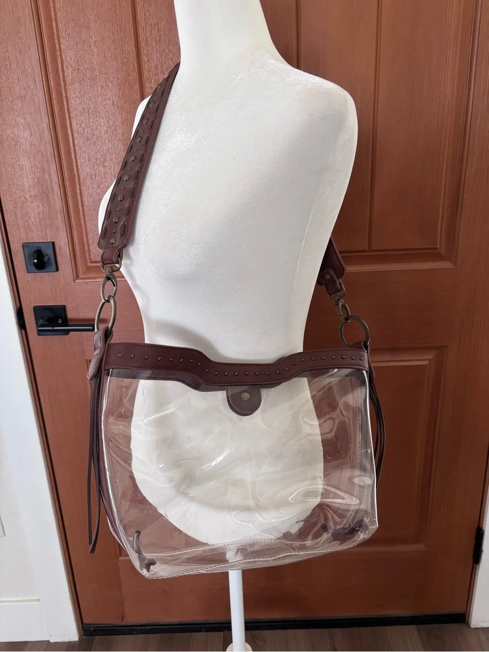 Clear Crossbody Shoulder Bag with Multicolor Insert - Brown